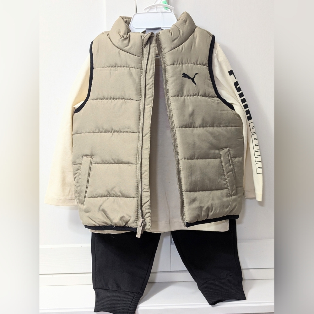 PUMA, Tan Puffer Vest with Cream Long Sleeve Shirt, Black Pants, Size 18 Months